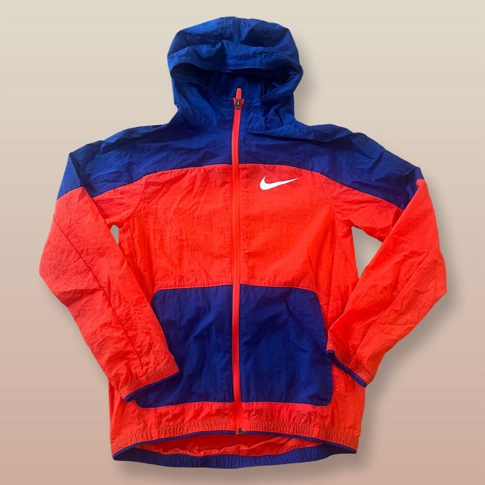 Nike Kids Windbreaker Jacket Red Colorblock Hooded Zip Size L